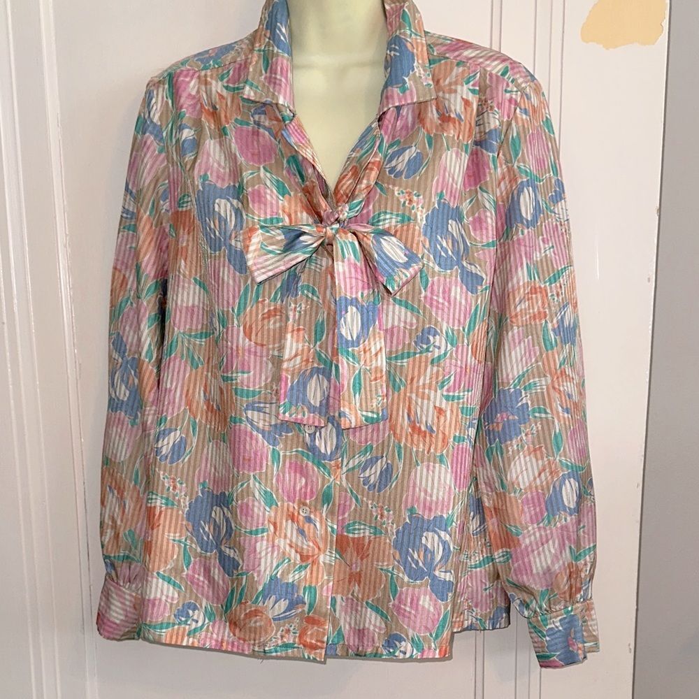 Vtg 70s Bleyle Floral Multi Colored Long Sleeve‎ Blouse /matching skinny scarf